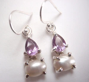 Faceted Amethyst and Cultured Pearl 925 Sterling Silver Dangle Earrings Small - Picture 1 of 2