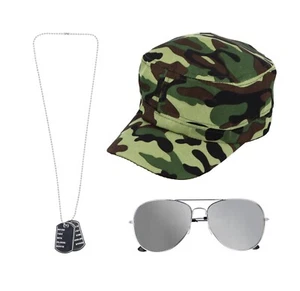 Army Cap & Aviator Glasses & Dog Tag Set Ladies Fancy Dress Soldier G.I Jane Hat - Picture 1 of 1