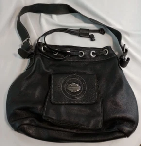 Harley Davidson Genuine Black Leather Bucket Bag Drawstring Purse - Picture 1 of 5