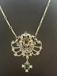 Vintage Halskette silberfarben Art Deco Stil Smaragd Stein Tropfen Kreuz muss repariert werden - Bild 1 von 10