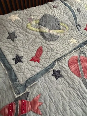 Pottery Barn Kids Rocket Planets Quilt Coverlet Shams Chambray Denim F/Q 86x84 - Image 1 of 4