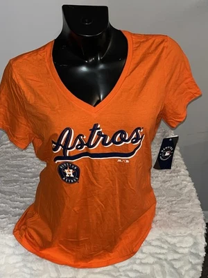 HOUSTON ASTROS MLB MAJESTIC BASEBALL V-NECK SHORT SLEEVE SHIRT WOMENS MED NWT - Image 1 of 2