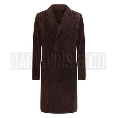 Abrigo de gamuza marrón café para hombre chaqueta de trinchera larga de doble botonadura invierno Foto 1 de 4