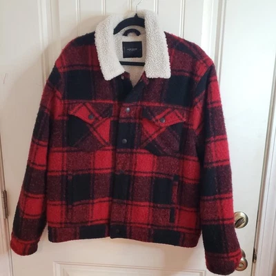 Men's Lucky Brand Wool Blend Button Up Red Black Plaid Lined Trucket Jacket L - Image 1 of 4