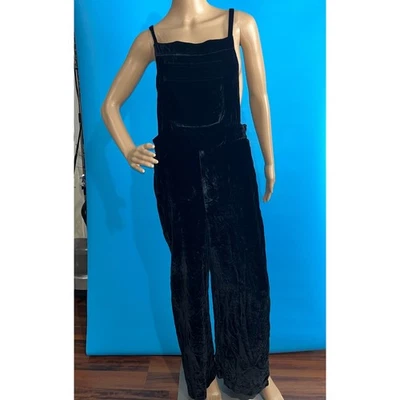 Free People Black Velvet Overalls Jumpsuit Tie Strap Pockets Wide Leg M - Image 1 of 4