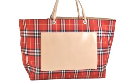 Auténtico Bolso de Mano BURBERRY Check Vintage Nylon Cuero Rojo 4685N Foto 1 de 4