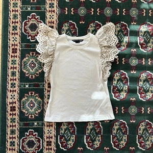 Veronica Beard White Ribbed Cotton Top Exaggerated Eyelet Flutter Sleeves M - Picture 1 of 6