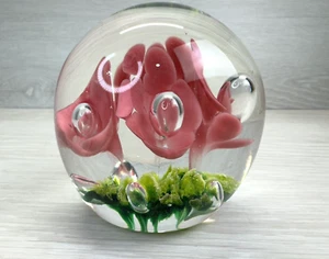 VINTAGE Joe Maude & Bob St. Clair Art Glass Pink Green Bubble Floral PAPERWEIGHT - Picture 1 of 9