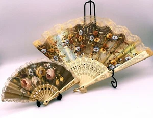 Two Luxurious Vintage Fabric Hand Held Folding Fans from around the World White - Picture 1 of 11