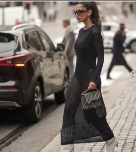 ZARA CROCHET KNIT JUMPER DRESS WITH METALLIC THREAD SIZE M 3390/100 NAVY BLUE - Picture 1 of 4