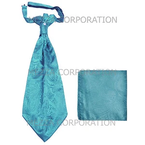 New Vesuvio Napoli Men's Poly Ascot Cravat Necktie Hankie Paisley Turquoise blue - Picture 1 of 2