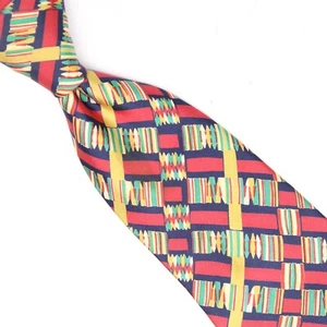 Frederick Theak Mens Silk Necktie Red Blue Green Gold Geometric Print Plaid Tie - Picture 1 of 7