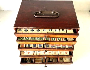 Vintage Mahjong Tiles (157) Dovetail Bamboo/Oxen/Bovine Bone in Wood Box - Picture 1 of 15