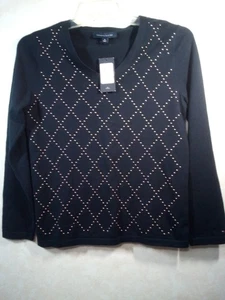 Tommy Hilfiger Sweater Women M Navy Blue Embellished V-Neck Long Sleeve - Picture 1 of 21
