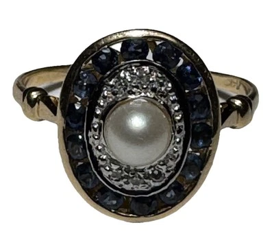 ANTIQUE 14K YELLOW GOLD PEARL DIAMOND SAPPHIRE DOUBLE HALO COCKTAIL RING SZ 7.75 - Image 1 of 4