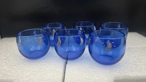 Patrón de velero de vidrio azul cobalto MCM Hazel Atlas años 50. Vasos Roly Poly (6) - Imagen 1 de 3