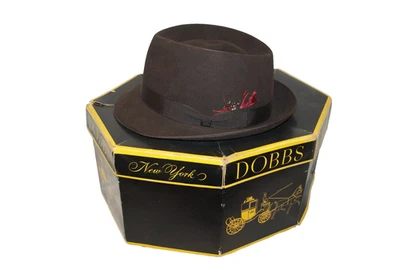 Sombrero De Colección Dobbs Quinta Avenida Nueva York Marrón con Pluma y Caja Original Talla 7 1/4 Foto 1 de 4