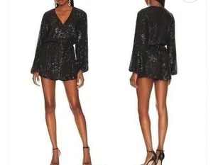 NWT Free People Sequin Disco Wrap Mini Dress Romper Low Neck Long Sleeves M Belt - Picture 1 of 12