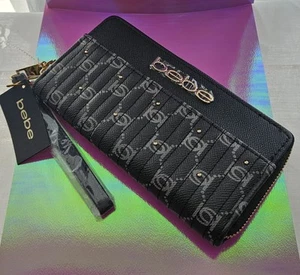 Women's BEBE of LA  black/gold logo  Wallet  Zip Around Wristlet New W/Tags - Picture 1 of 9