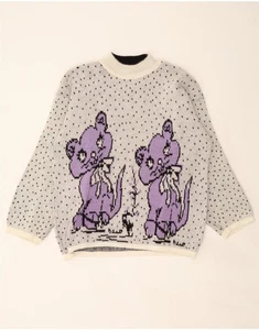 VINTAGE Womens Crew Neck Jumper Sweater UK 20 2XL White Spotted Cat DA03 - Picture 1 of 5