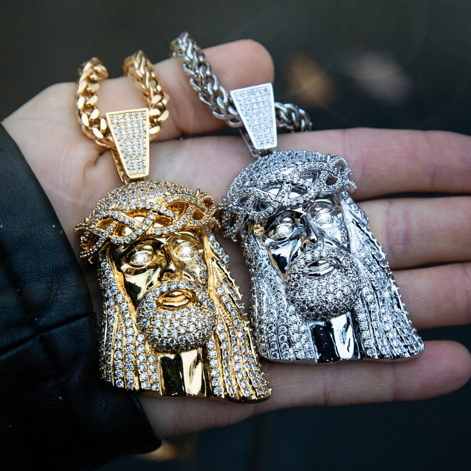 Colgante Cabeza de Jesús Hip Hop y Collar de Cadena de Acero Inoxidable Cubano Caja 6mm 30" Foto 1 de 1