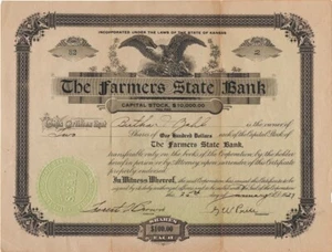 FARMERS STATE BANK STOCKDALE KANSAS 1929 STOCK CERTIFICATE RILEY COUNTY BI ZABEL - Picture 1 of 2
