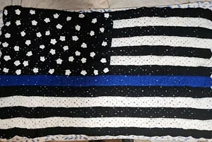 Law Enforcement Hand Crocheted Blue Black White Flag Blanket Afghan Vtg 61 X 37 - Picture 1 of 11