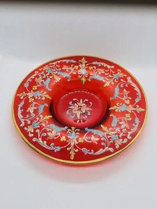 Stunning Vintage Hand-painted Ruby Red Glass Dish Czech ? 13cm dia. - Picture 1 of 4