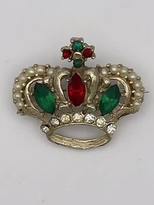 Broche Corona Vintage Espalda Abierta Rojo Verde Cristales Transparentes Tono Dorado - Imagen 1 de 8