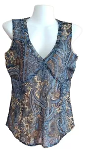ANA Womens Blue Brown Paisley V-neck Sleeveless Lined Blouse Size Small - Picture 1 of 10