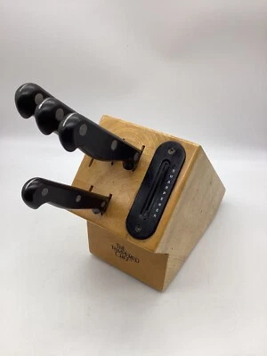 Pampered Chef Knife Block 5 Slot Wood with Built-in Sharpener Plus Knives - Image 1 of 4