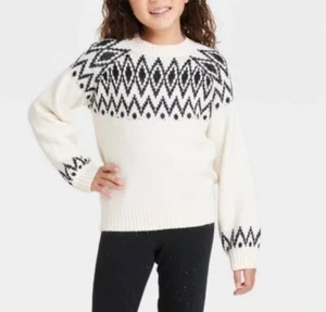 Girls' Fair Isle Balloon Long Sleeve Pullover Sweater Black Print Cat & Jack XS - Picture 1 of 3