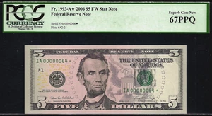 2006 $5 Federal Reserve Note PCGS 67PPQ birthday star low serial number 64* - Picture 1 of 3
