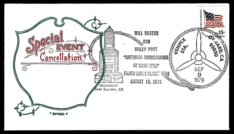 USA, SCOTT # 1801, ARTOPAGES SPECIAL EVENT WILL ROGERS 1979 COVER MONUMENT TOMB - Image 1 of 1