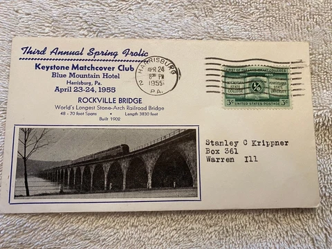 Worlds Largest RR Bridge Stone Arch 1959 Harrisburg, PA Keystone Matchcover Club Cover