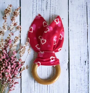 Cotton Bunny Ear Teether /Natural Beachwood Baby Chewing Ring /Sore Gums Soother - Picture 1 of 5