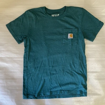 Camiseta Carhartt masculina média 10-12 logotipo bolso azul-petróleo gráfico um corte acima do resto - Imagem 1 de 4