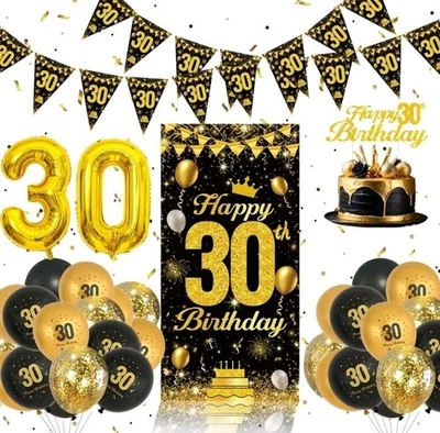 30th Birthday Black and Gold Decorations Set Backdrop Bunting Balloons Toppers - Image 1 of 4