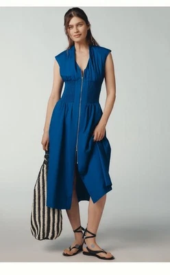 NWT Anthropologie Tommie Cap-Sleeve Smocked Front-Zip Shirt Dress Midi Blue XL - Image 1 of 4