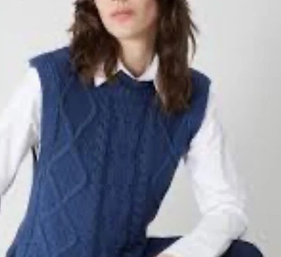 Hand knit Warm Mock Neck Cable Knit MSweater Vest MUK10 Wool Silk Relaxed Blue - Image 1 of 4