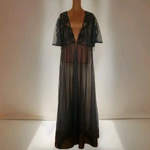 Vintage VAL MODE Peignoir Black Nylon Robe Ribbon Floral Sleeve USA Whimsigoth - Picture 1 of 8