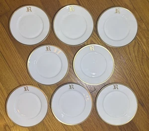 8 Hutschenreuther Selb Bavaria 6" Bread Plates Gold Rim Monogram Initial R - Picture 1 of 11