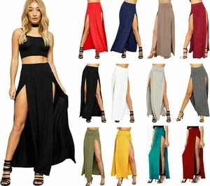 Women Ladies Double Side Slit Split Plain Black Stretchy Gypsy Maxi Long Skirt - Picture 1 of 32