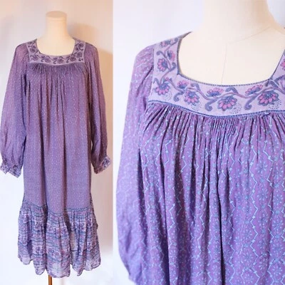 Maxi Vestido Estampado Floral De Gasa India Púrpura Algodón Vintage Años 70 Raro XS/S Foto 1 de 4