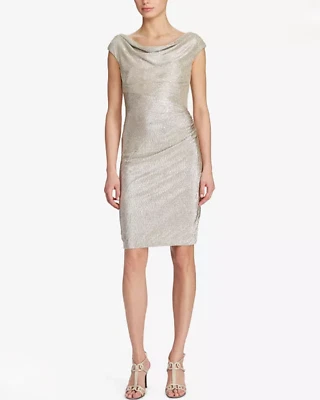 NUEVO Vestido Ralph Lauren Metálico Blanco Dorado Lámina Capucha Cuello Vaina Talla 8 Foto 1 de 4