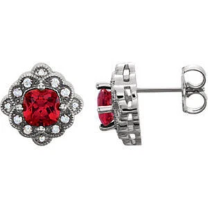 Chatham® Created Ruby & 1/10 CTW Diamond Earrings In 14K White Gold - Picture 1 of 2