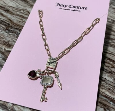 Juicy Couture Joyería Collar de Oro 4 Dijes Rojo Rubí Corazón Candado Cereza Llave Foto 1 de 4