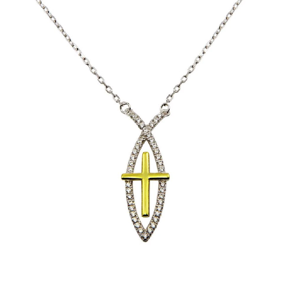 Argento Sterling Collana W/Pietre Zirconi Cubici Pesce Segno Oro Giallo a Croce - Immagine 1 di 3