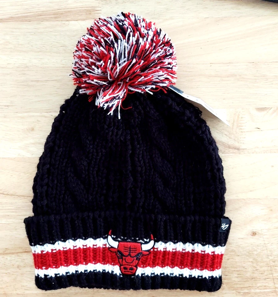 Chicago Bulls Womens Hat Cable Knit '47 Brand Cap Pom Stitched Logo NBA