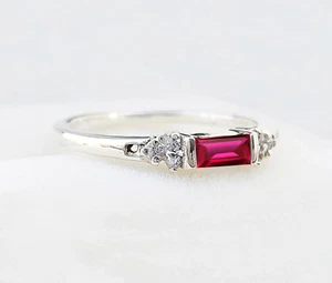 Dainty Baguette Ruby Ring, Minimalist Wedding Ring, 925 Silver Ring - Picture 1 of 5
